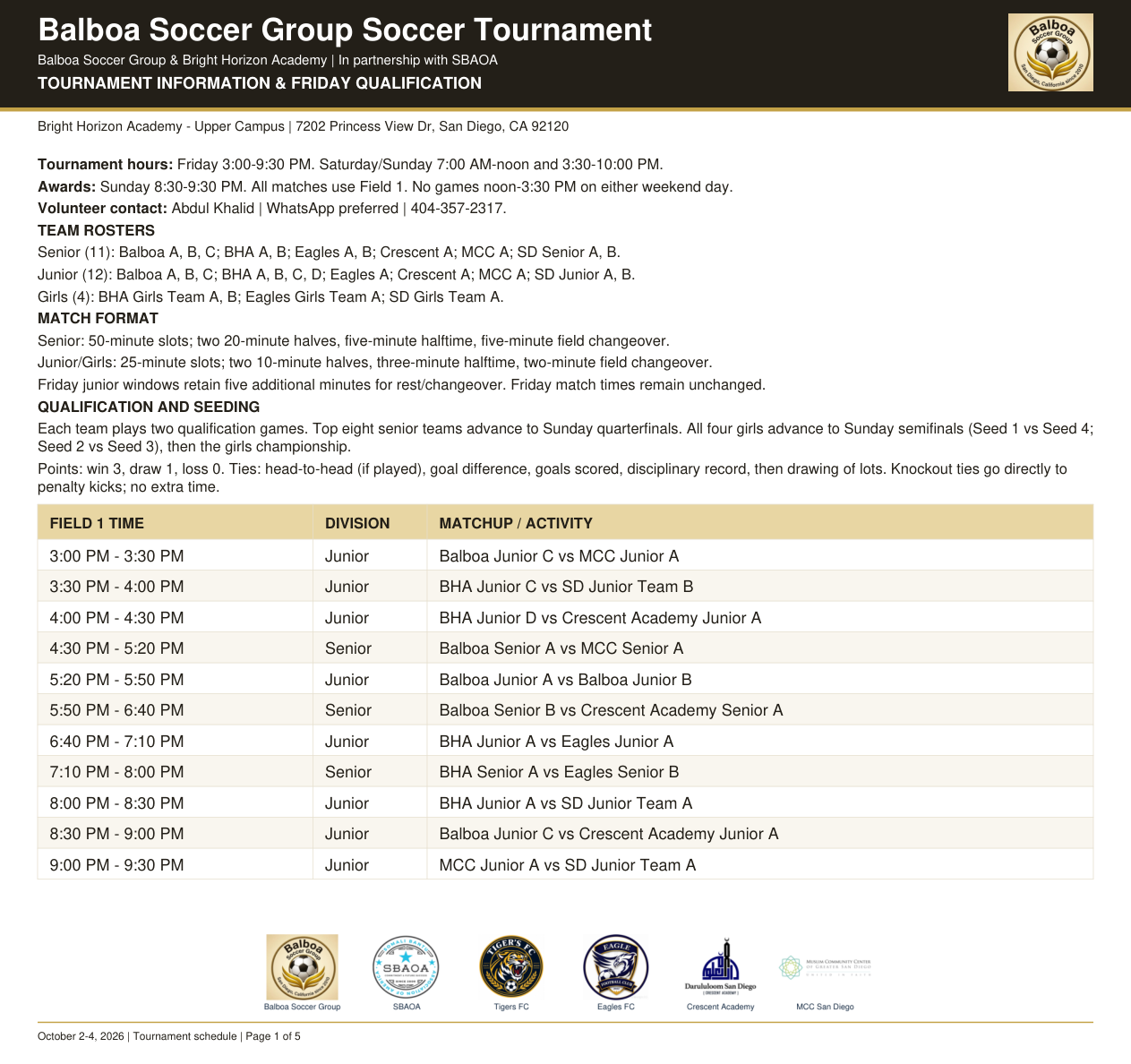 Tournament information and Friday match schedule
